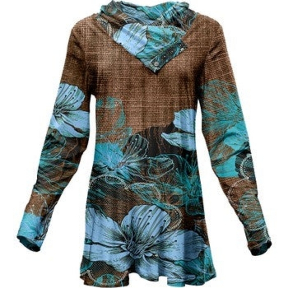 TRÏBE Brown & Turquoise floral print Shawl Collar Tunic Top Size 2XL NWT - Picture 1 of 7